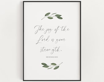 Nehemiah 8:10, The Joy of the Lord is Your Strength, Greenery Bible Verse Printable, Minimalist Christian Wall Art, Modern Scripture Art