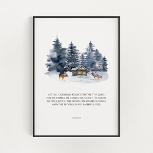Salmo 96:13 Que toda la creación se regocije En la Navidad Cristiana Escritura Imprimible Decoración de arte de pared, Acuarela Bosque de invierno Biblia Verso Imprimir