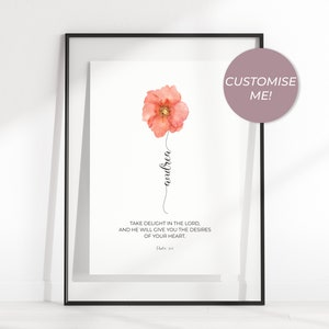 Psalm 37:4 Custom Name Printable Bible Verse Art, Floral Personalized Christian Scripture Quote Digital Art Print, Christian Graduation Gift