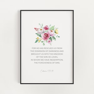 Colosenses 1:13-14 Versículo bíblico arte de pared imprimible, primavera acuarela floral escritura cristiana descarga digital, decoración religiosa de Pascua