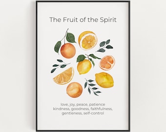 Gálatas 5:22-23 Fruto del Espíritu Arte de la pared del versículo bíblico imprimible, Descarga digital de las Escrituras de la cocina cristiana, Arte de la paz de la alegría del amor