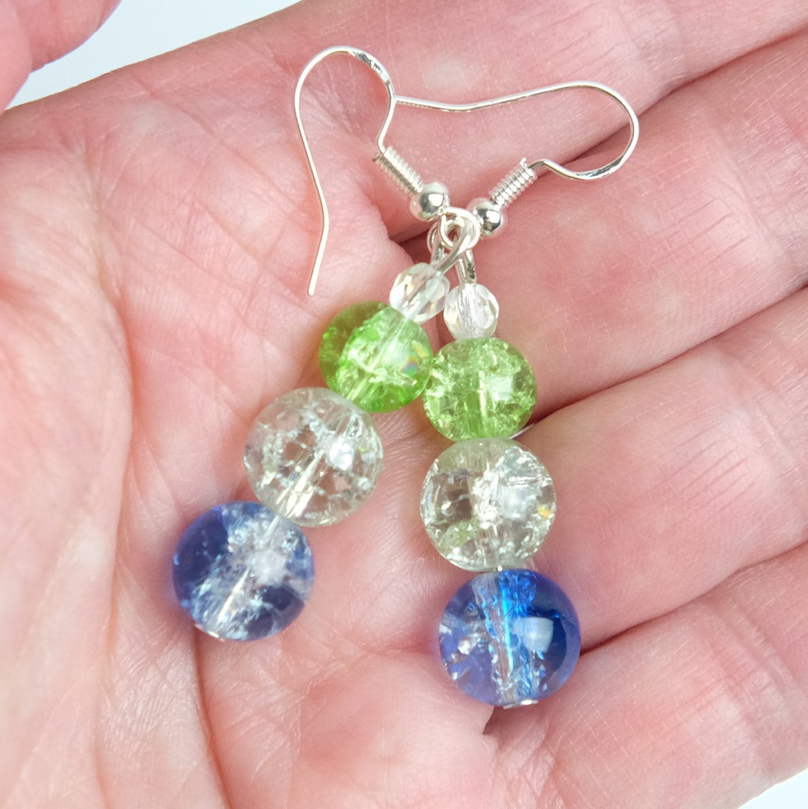 Glass Bead Earrings TIE DYE Blue Clear and Lime combine in