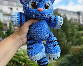 Blue Crochet Tiger Plushie, Handmade Stuffed Animal Toy, kpop, Demon Hunters, Derpy