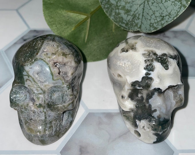 Moss Agate Skull | Moss Agate | Moss Agate Metaphysical Crystal | Crystal Carving Mineral | Meditation Crystal | Gemstone Carving