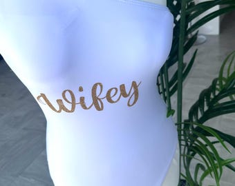 White One Shoulder Wifey Swimsuit, Hen Party Bridal Gift