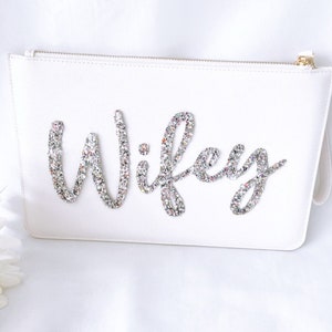 Personalised Clutch Bag, Wedding Bag, Wifey Customised Clutch Bag, Honeymoon Bag, Hen Party Gift, Gift for Bride, Bridal Gift, Gift Wife