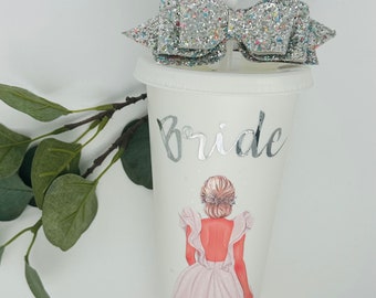 Bride Cold Cup, Gift for Bride to be, Hen Party Cup, Team Bride, Personalised Reusable Cup, White Cup With Straw Bow, Hen Party Gift,