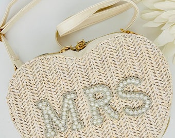 Bridal Bag, Personalised Mrs Bag, Bride to Be, Mrs to Be Bag, Rattan Bag, Honeymoon Beach Bag, Pearl Embellished Bag, Summer Bag, Wedding