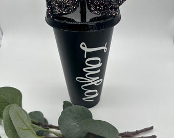 Black Cold Cup With Straw, Reusable  Cup with Lid, 24oz Cup, Glitter Bow, Office Cup, Hen Party Cups,Party, Personalised Name Cup, Birthday