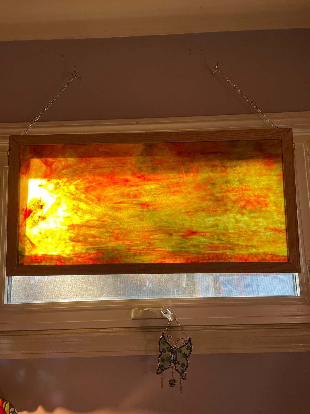Stained Glass Window/panel/hanging. Stained Glass Oak Frame. Sunset in