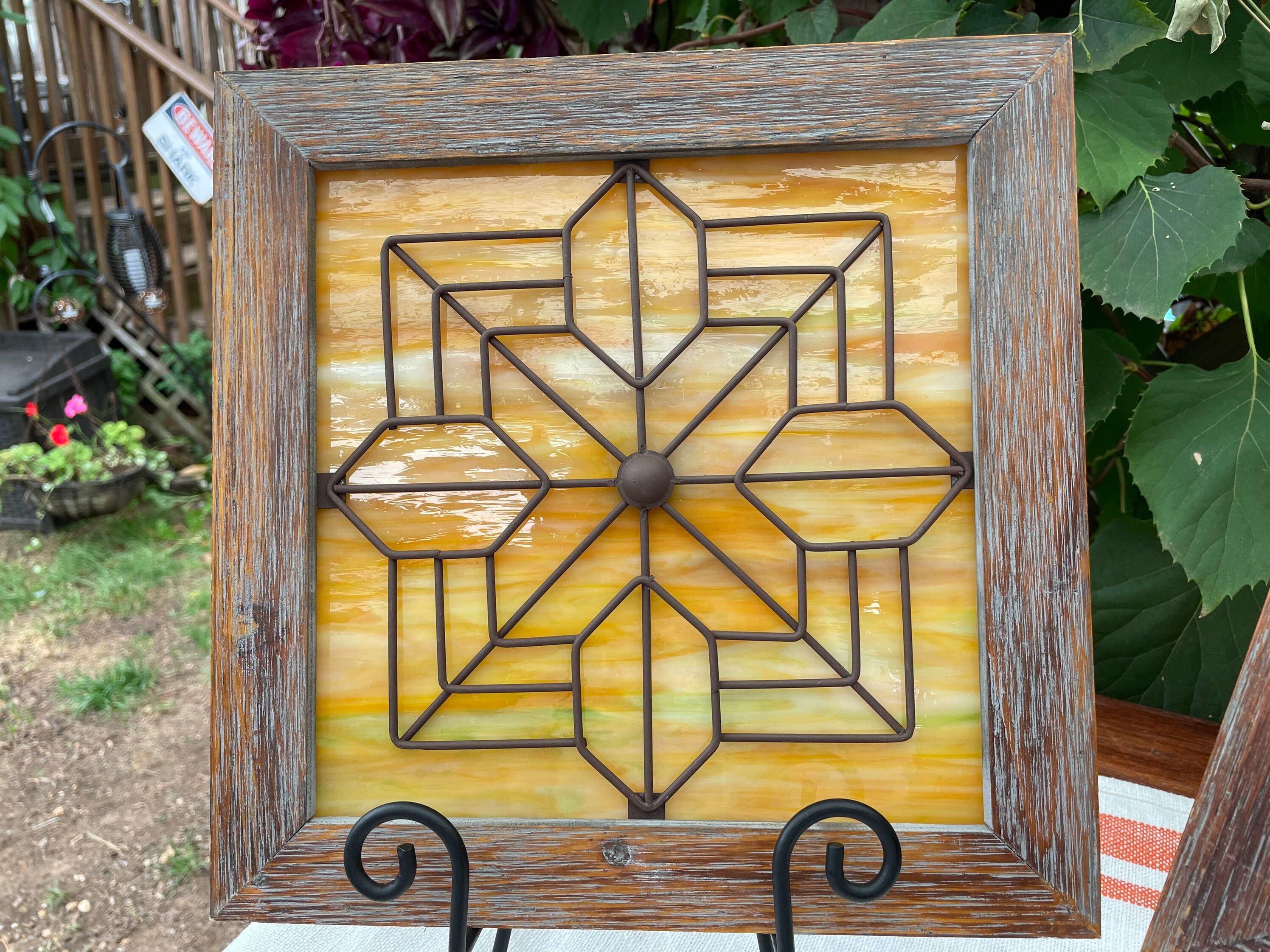 Stained Glass Panel/window/ Hanging. Stained Glass in Rustic Wood Frame ...