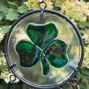 Wind chimes, Fused glass art displayed in a wind chime, Glass wind chime, Circular art glass windchime, Garden art, wind chime art, Shamrock