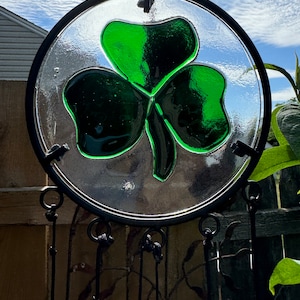 Wind chimes, Fused glass art displayed in a wind chime, Glass wind chime, Circular art glass windchime, Garden art, wind chime art, Shamrock