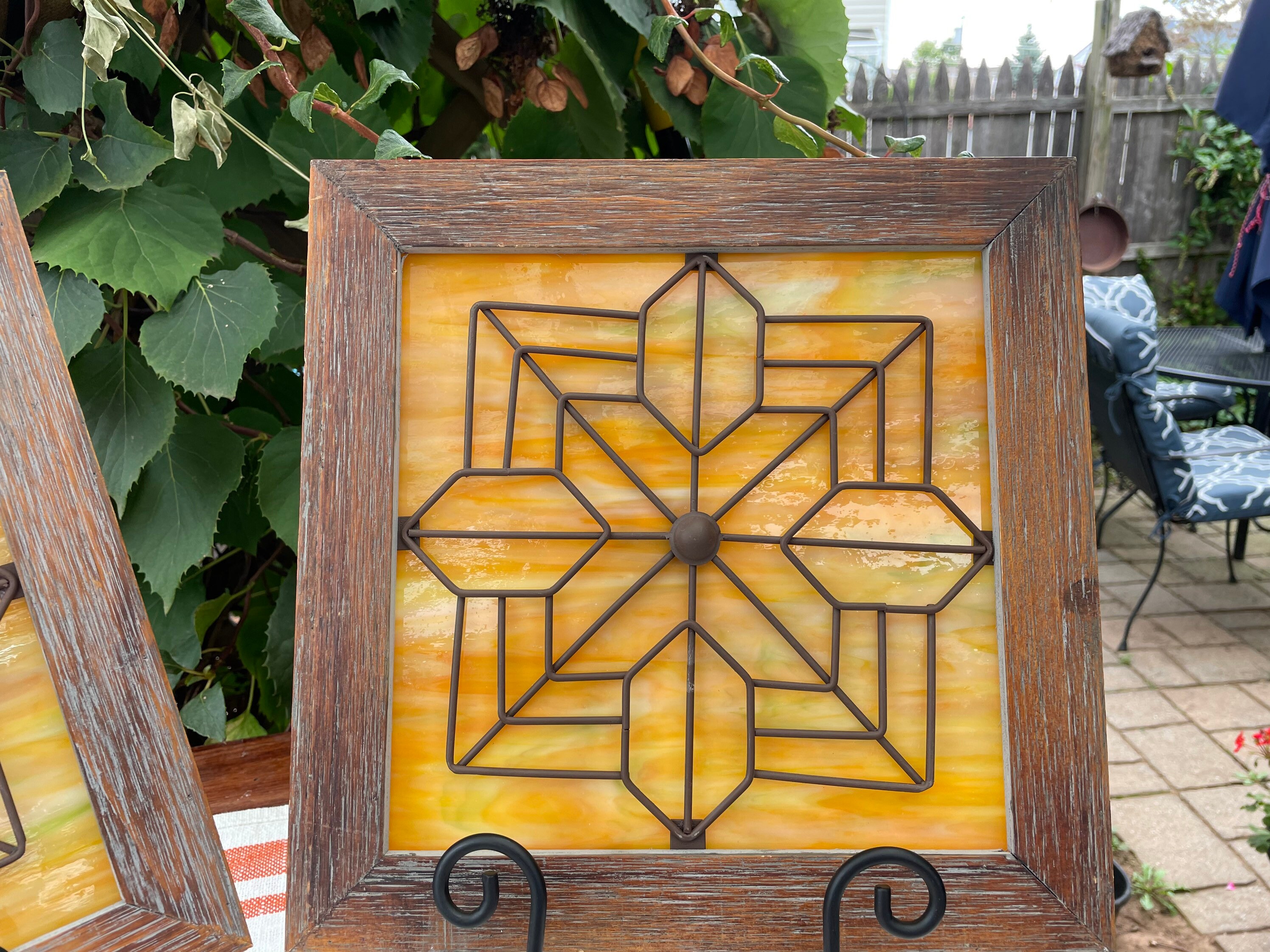 Stained Glass Panel/window/ Hanging. Stained Glass in Rustic Wood Frame ...