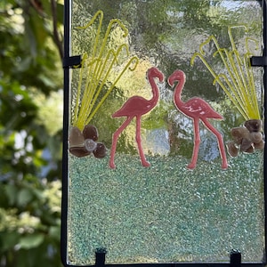 Wind chimes, Fused glass art displayed wind chime, Glass wind chime, Circular art glass windchime, Garden art, flamingos, flamingo glass art