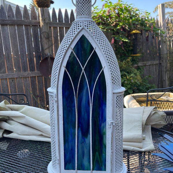 Lantern-Stained glass lantern-metal lantern- candle holder- cathedral-green/blue.