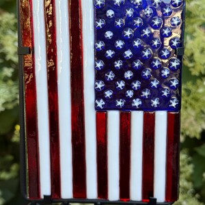 Wind chime. Fused glass art displayed in a wind chime. Glass wind chime. American Flag Art. Glass American Flag. Garden art