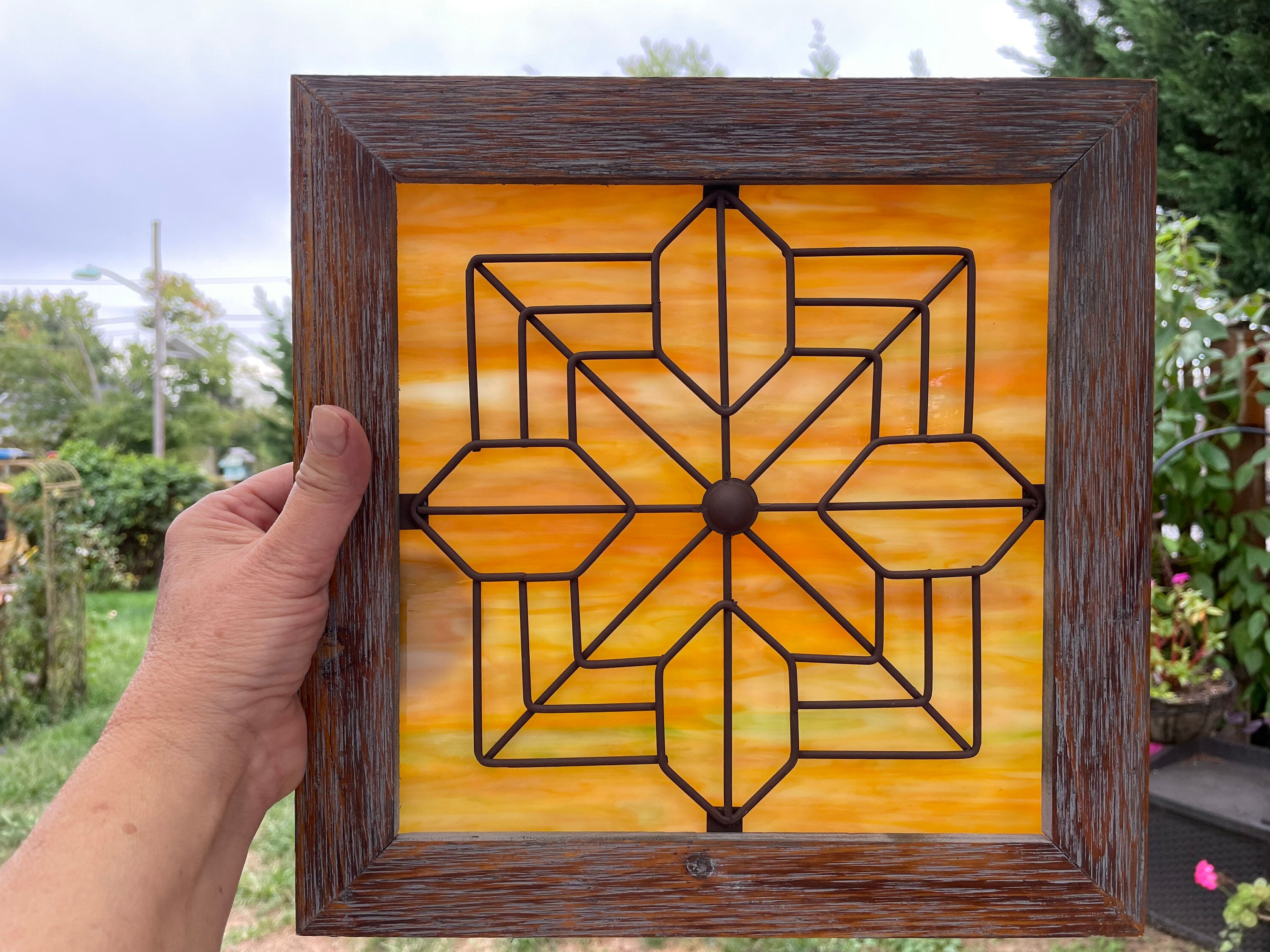 Stained Glass Panel/window/ Hanging. Stained Glass in Rustic Wood Frame ...