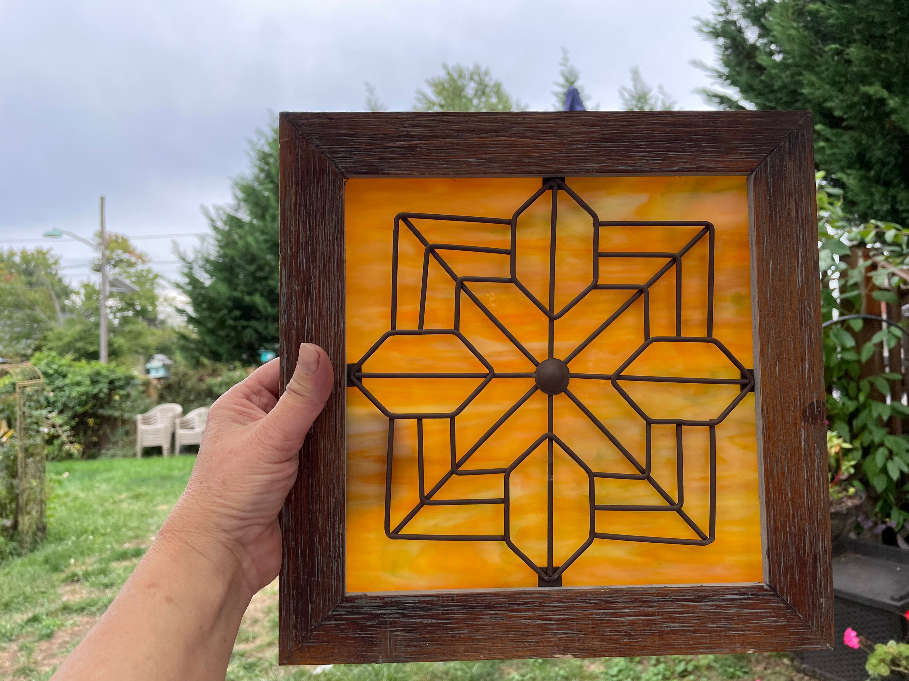 Stained Glass Panel/window/ Hanging. Stained Glass in Rustic Wood Frame ...