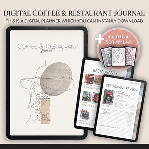 Diario digital de café y restaurantes + 500 pegatinas / Seguimiento de reseñas de cafeterías / GoodNotes PDF / Seguimiento de cafeterías / Reseñas de restaurantes