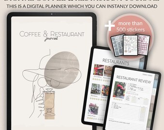 May include: Digital planner for coffee and restaurant lovers. The planner features a minimalist design with a line drawing of a person drinking coffee. The planner includes sections for restaurant reviews, a list of restaurants, and over 500 stickers.