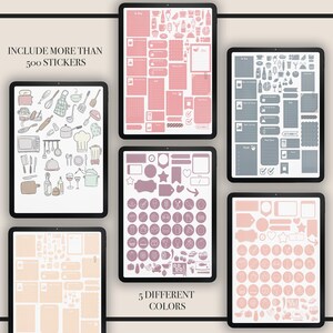 May include: Five digital planner pages with over 500 kitchen-themed stickers in five different colors: pink, gray, purple, peach, and beige. The stickers include various kitchen utensils, appliances, food, and drinks.