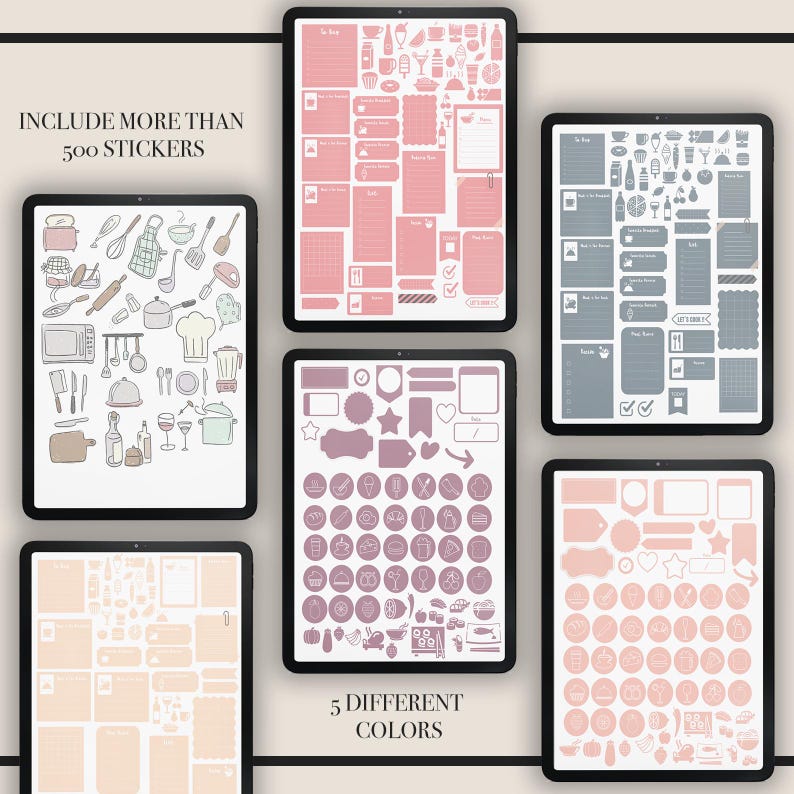 May include: Five digital planner pages with over 500 kitchen-themed stickers in five different colors: pink, gray, purple, peach, and beige. The stickers include various kitchen utensils, appliances, food, and drinks.
