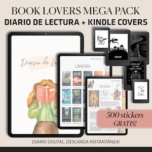 May include: A digital art bundle for book lovers, featuring a tablet with a watercolor illustration of a person reading, e-readers with various covers, and a tablet displaying a library and review pages. Includes 500 free stickers. Text: Book Lovers Mega Pack, Diario de Lectura + Kindle Covers.