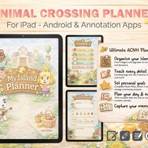 May include: Digital Animal Crossing planner for iPad and Android devices. The planner features a colourful design with characters and the text "My Island Planner." It includes sections for organising island life, tracking details, setting goals, and planning events.