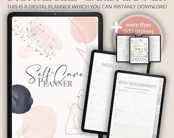 May include: Digital self-care planner with a pink and gold abstract design. The planner includes a weekly review section and a body measurements section. It also comes with over 500 stickers.