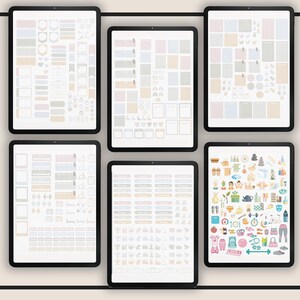 May include: Six digital planner pages with various stickers and icons. The pages include a calendar, a to-do list, a habit tracker, and a mood tracker. The stickers and icons are in a variety of colors and designs, including flowers, hearts, stars, and geometric shapes.
