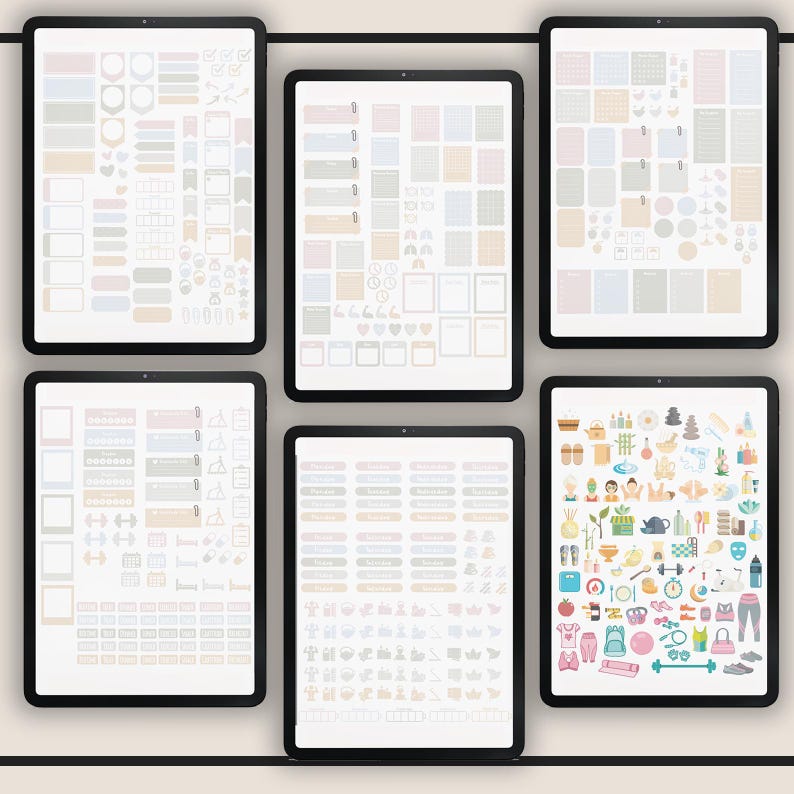 May include: Six digital planner pages with various stickers and icons. The pages include a calendar, a to-do list, a habit tracker, and a mood tracker. The stickers and icons are in a variety of colors and designs, including flowers, hearts, stars, and geometric shapes.