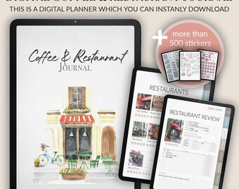 May include: Digital planner for coffee and restaurant lovers. The cover features a watercolor illustration of a charming cafe with a red awning. The planner includes sections for restaurant reviews, notes, and more. It also comes with over 500 stickers.