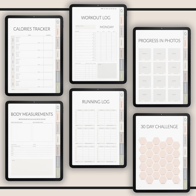May include: Five digital planner pages for fitness tracking. The pages include a calorie tracker, workout log, running log, body measurements, and a 30-day challenge.
