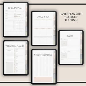 May include: Five digital planner pages on a tablet screen. The pages are for daily journal, grocery list, weekly meal planner, intermittent fasting, and recipes. The pages are designed in a minimalist style with a light gray background and black text.