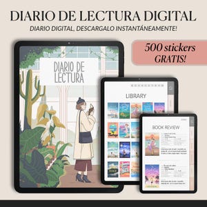 May include: Digital reading journal displayed on three tablets. The largest tablet shows a woman reading in a garden scene. The other tablets display a library and book review pages. Text includes "DIARIO DE LECTURA DIGITAL" and "500 stickers GRATIS!"