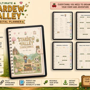 Może przedstawiać: Cyfrowy planer na tablety z motywem Stardew Valley i grafiką pixel art. Okładka przedstawia scenę z farmy z postacią, zwierzętami i uprawami. Pokazano cztery układy stron wewnętrznych, w tym indeks, pulpit nawigacyjny farmy, przegląd sezonowy i stronę z celami, wszystkie z hiperłączami w zakładkach nawigacyjnych.