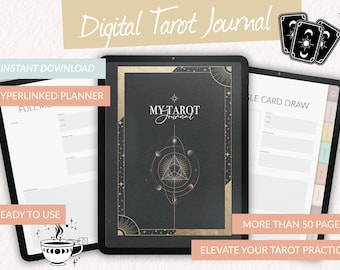 May include: Digital Tarot Journal displayed on three tablets. The central tablet shows a black cover with gold accents and the text "MY TAROT Journal". The other tablets display pages with prompts. Text includes "INSTANT DOWNLOAD" and "HYPERLINKED PLANNER".