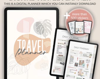 May include: Digital travel planner with a pink and brown colour scheme. The planner includes a daily journal and daily itinerary section. The planner also includes over 500 stickers.