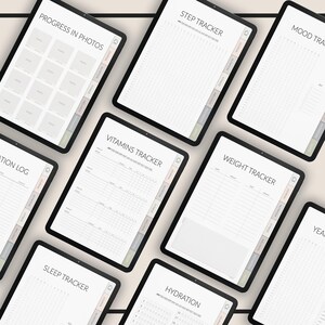 May include: A set of digital printable trackers for a tablet or phone. The trackers include: Progress in Photos, Step Tracker, Mood Tracker, Hydration, Sleep Tracker, Vitamins Tracker, Weight Tracker, and Year.