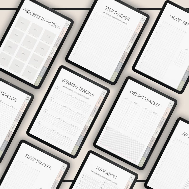 May include: A set of digital printable trackers for a tablet or phone. The trackers include: Progress in Photos, Step Tracker, Mood Tracker, Hydration, Sleep Tracker, Vitamins Tracker, Weight Tracker, and Year.