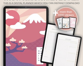 May include: Digital planner with a Japanese landscape design, including a mountain and sun illustration. The image shows the planner on a tablet, with additional pages and stickers. Text reads "Hobonichi Digital Planner" and "more than 1000 stickers."