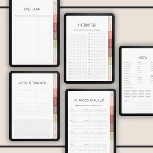 May include: Four digital planner pages on a tablet screen. The pages are for diet plan, weight tracker, hydration, and vitamins tracker. Each page has a color-coded sidebar with categories like calories, protein, recipes, and water.