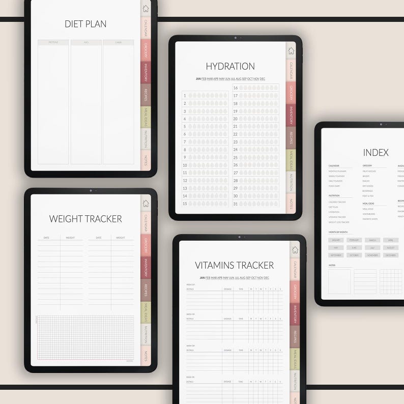 May include: Four digital planner pages on a tablet screen. The pages are for diet plan, weight tracker, hydration, and vitamins tracker. Each page has a color-coded sidebar with categories like calories, protein, recipes, and water.