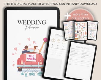 May include: Digital wedding planner displayed on a tablet, featuring a "Just Married" car illustration. Includes a cover page, planning pages, and over 500 stickers. The text reads "Digital Wedding Planner" and "Wedding Planner".