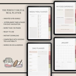 May include: A digital meal planner with a weekly meal planner, daily planner, and a food experience page. The planner is undated and includes tabs for easy navigation. The planner is compatible with Goodnotes and Notability and works on iOS and Android.