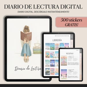 May include: Digital reading journal displayed on three tablets. The largest tablet features an illustration of a person reading. The other tablets show a library and reviews. Text includes "500 stickers GRATIS!" and "Diario de Lectura".