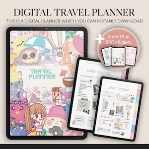 Planner di viaggio digitale con 500 adesivi / Planner di vacanze per iPad / Itinerario di viaggio e diario di budget / Compatibile con GoodNotes / Edizione Kawaii