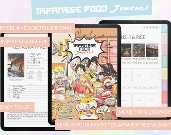 May include: A digital journal with a colorful cover featuring anime characters eating Japanese food. The journal is designed to help users review their favorite Japanese restaurants. The text on the cover reads "Japanese Food Journal".
