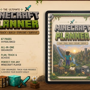 Może przedstawiać: Cyfrowy planer zatytułowany The Ultimate Minecraft Planner wyświetlony na ekranie tabletu. Okładka przedstawia blokowy krajobraz z postacią, zamkiem i zachodem słońca. Tekst zawiera Plan, Track, Build, Explore, Survive, 67 pages hyperlinked oraz all-in-one organizer.